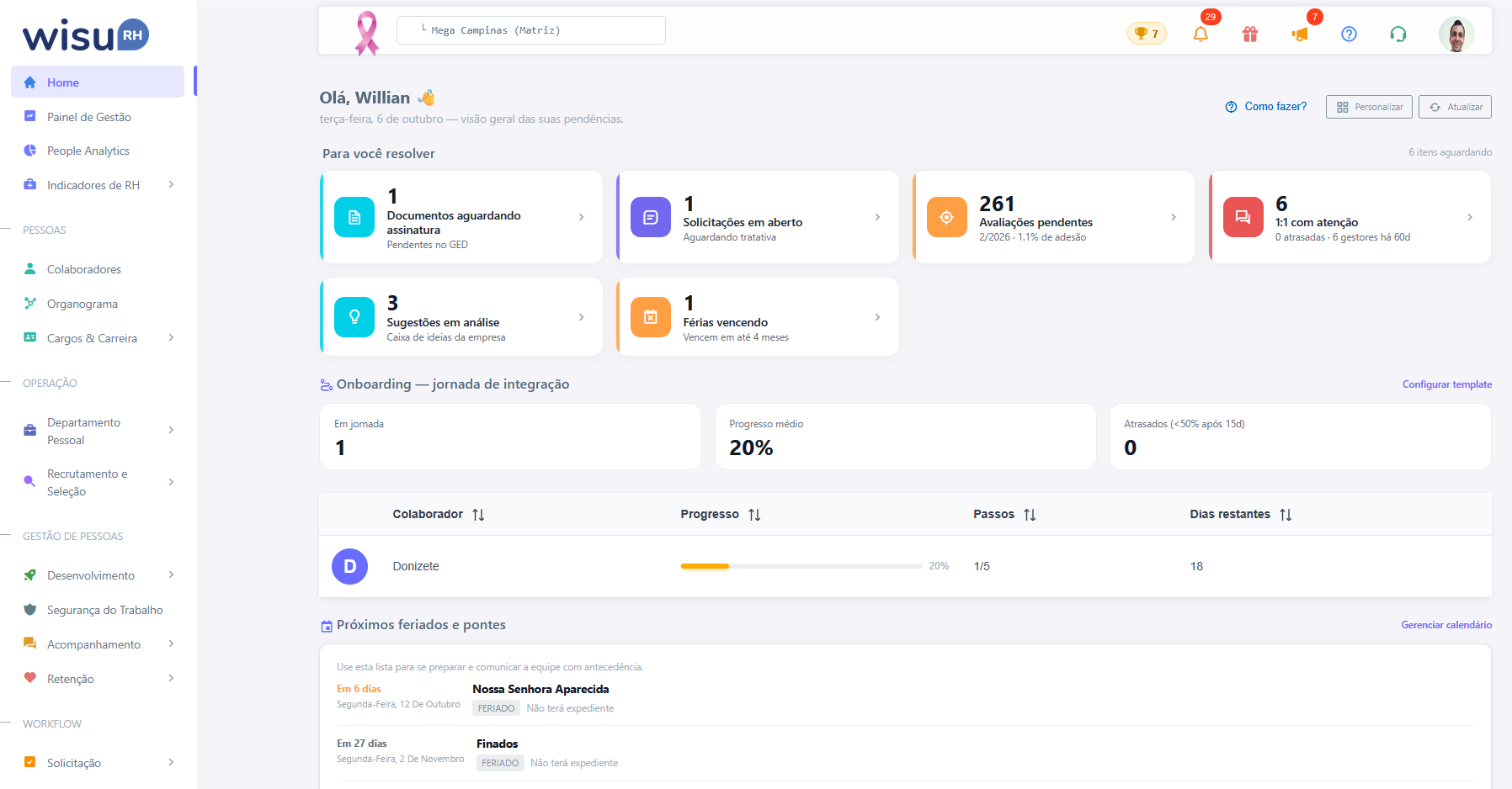 Painel do Wisu RH na plataforma de gestão de pessoas